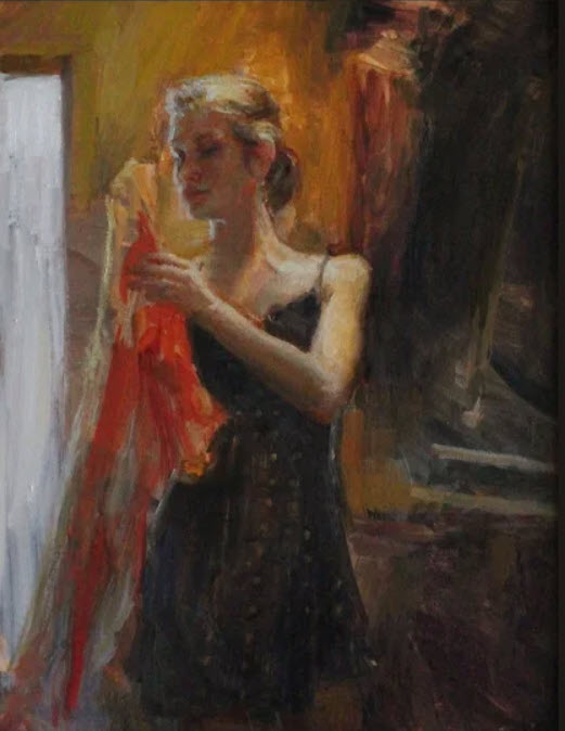 The Girl in a Polka Dot Dress, an oil painting by David Mueller